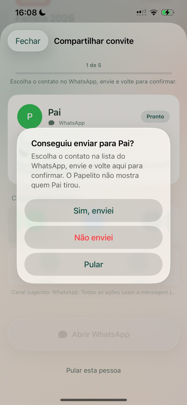 Envio do convite no Papelito