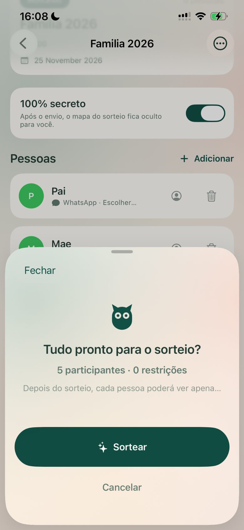 Confirmação do sorteio no Papelito